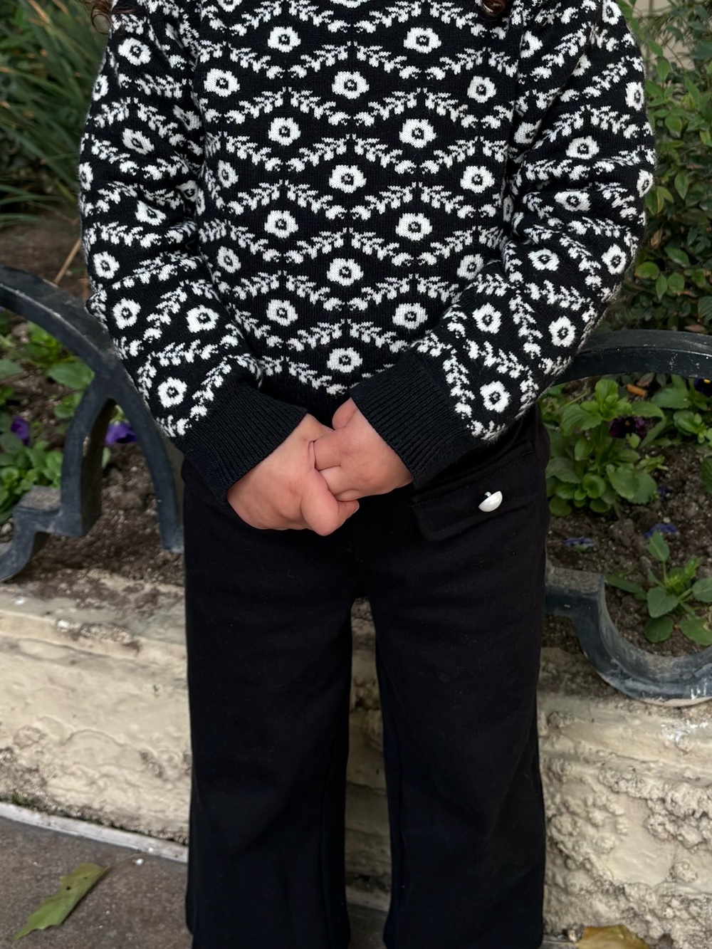 Janie and Jack Black and White Knit Top with Black Wide-Leg Bottoms